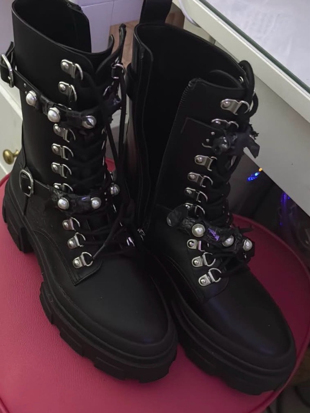 Zara Black Chunky Lace-Up Combat Boots with Pearl Hardware